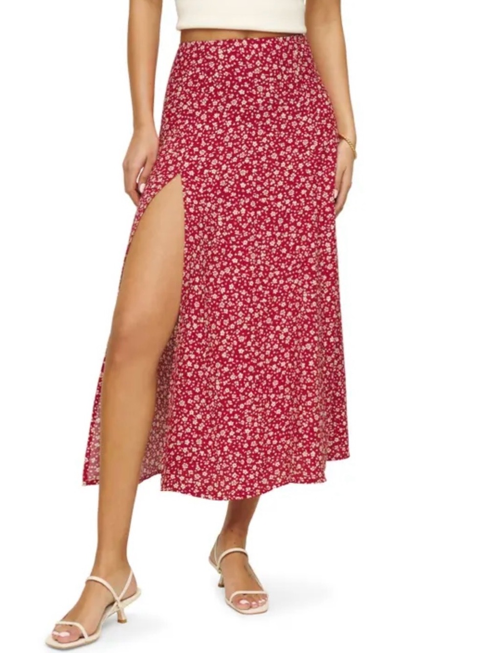 Reformation Red Zoe Floral Skirt with Side-Slit